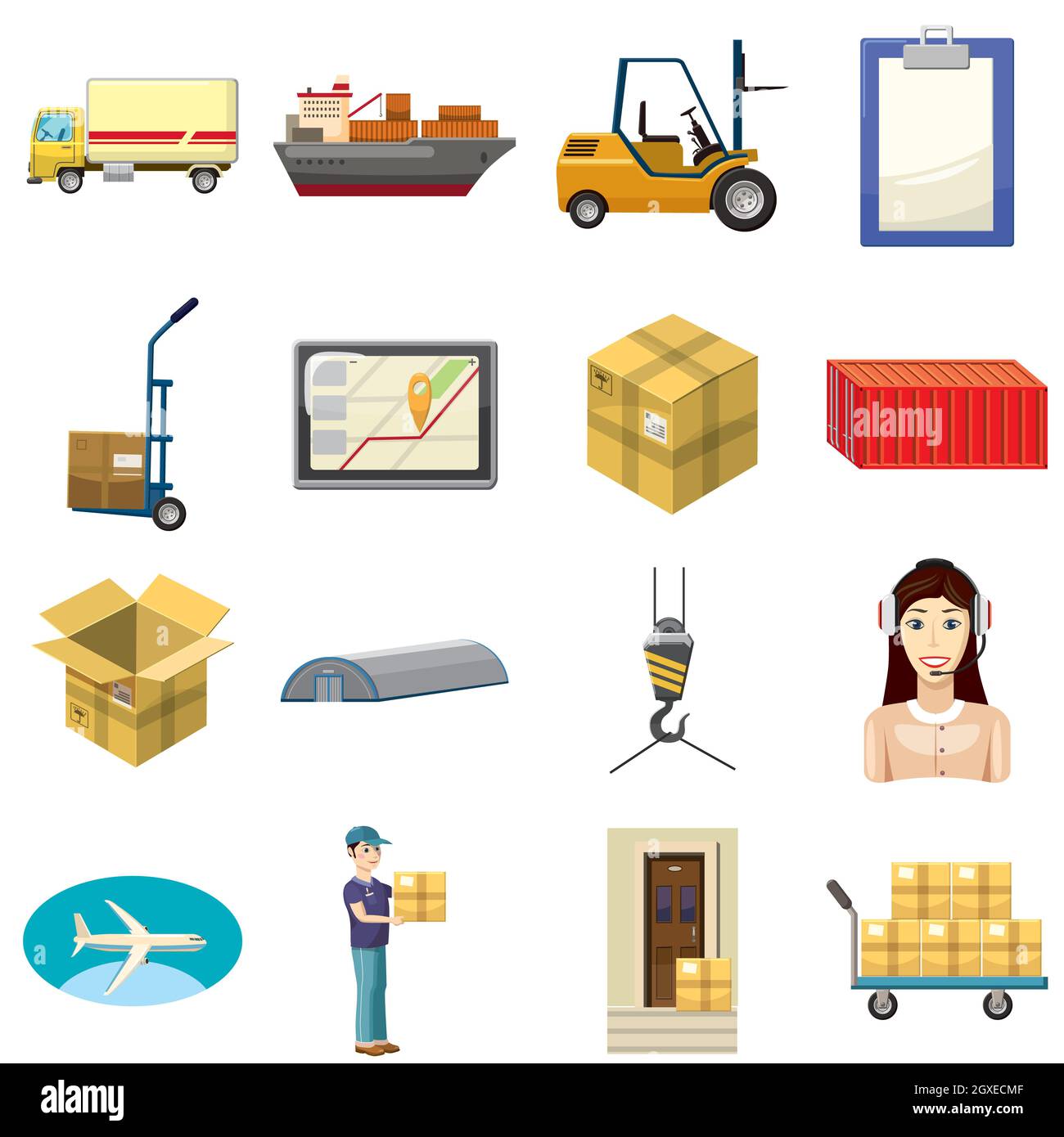 Logistica di set di icone in stile cartoon su sfondo bianco Foto Stock