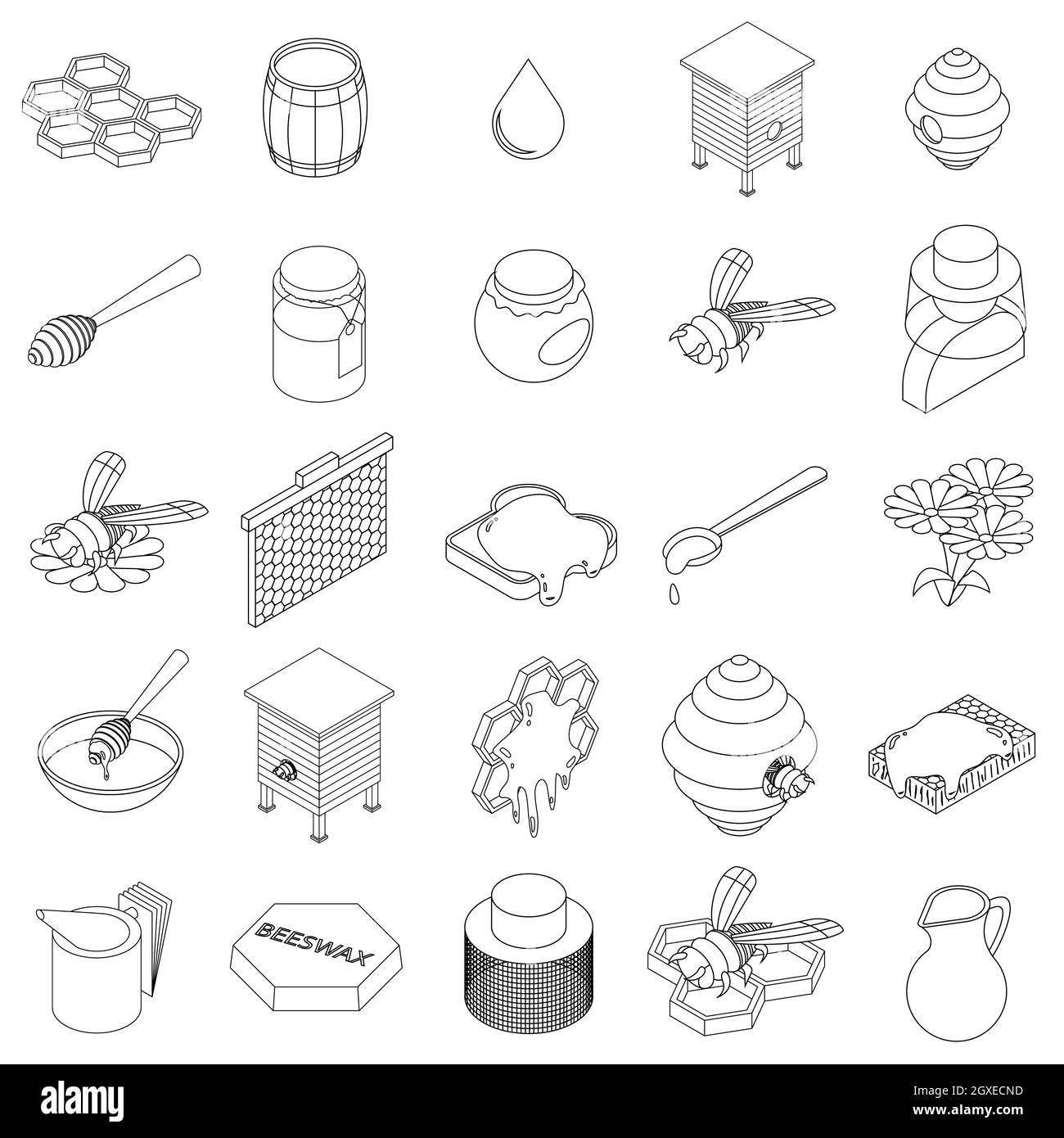 Icone di apicoltura impostate in stile 3d isometrico su sfondo bianco Foto Stock