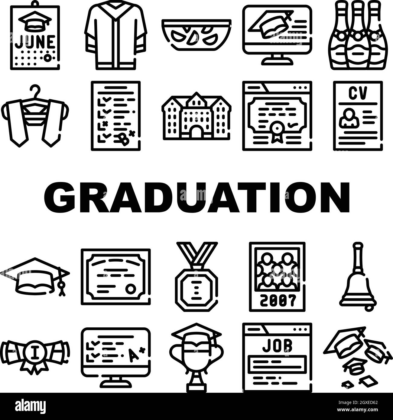 Graduation Education Collection icone Imposta illustrazioni vettoriali Illustrazione Vettoriale