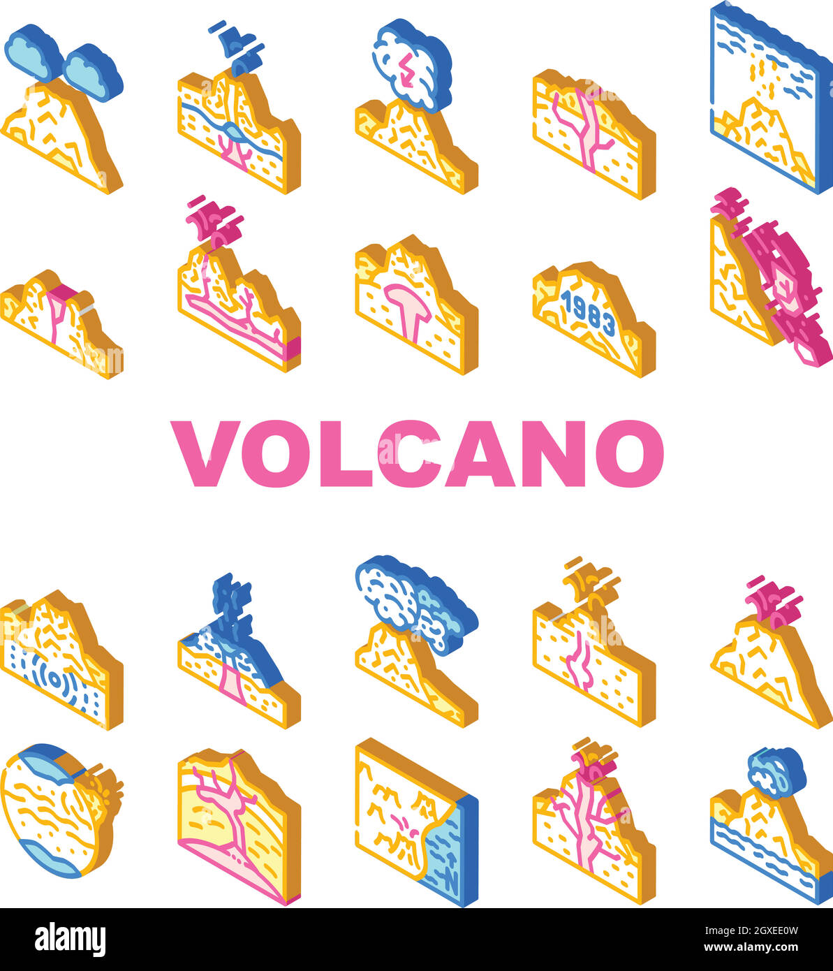 Vulcano Lava eruzione raccolta icone Set vettore Illustrazione Vettoriale