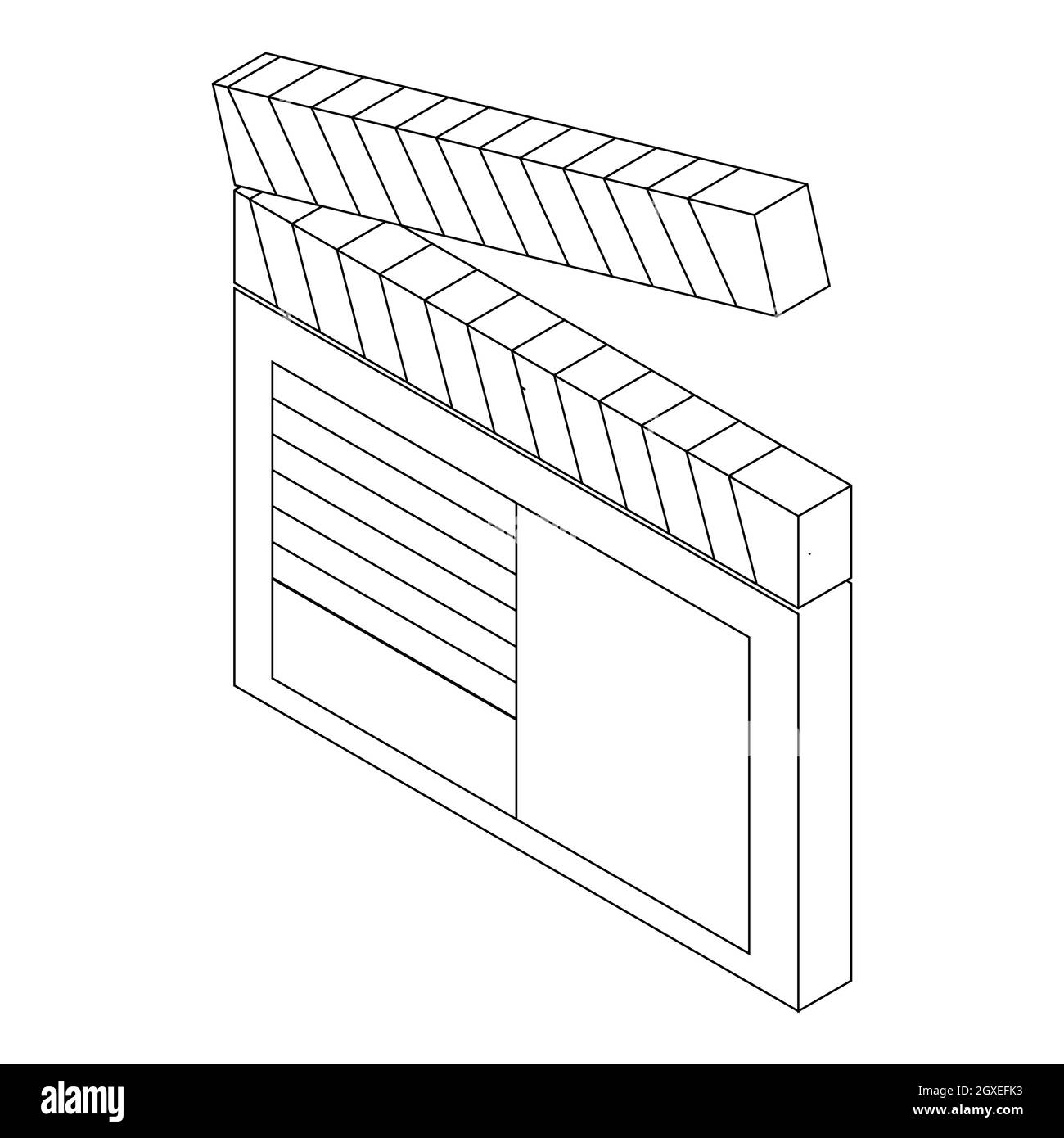 Aprire l'icona clapperboard in stile 3D isometrico su sfondo bianco Foto Stock