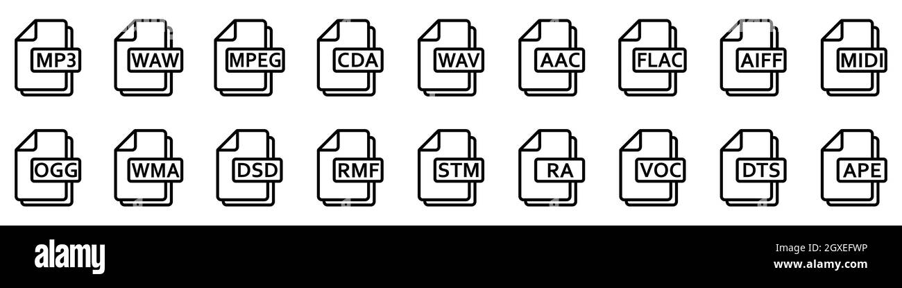 Formati di file audio. Set di icone lineari di diversi formati audio. Icone dei file audio. Illustrazione vettoriale. Illustrazione Vettoriale
