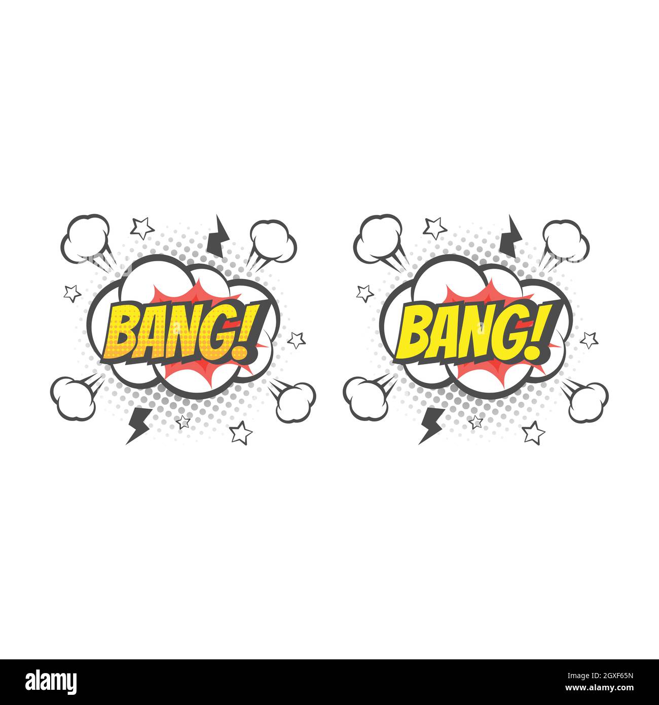 Bang esplosione colorato vettore cartone animato. Bang! testo scritta fumetto. Illustrazione Vettoriale