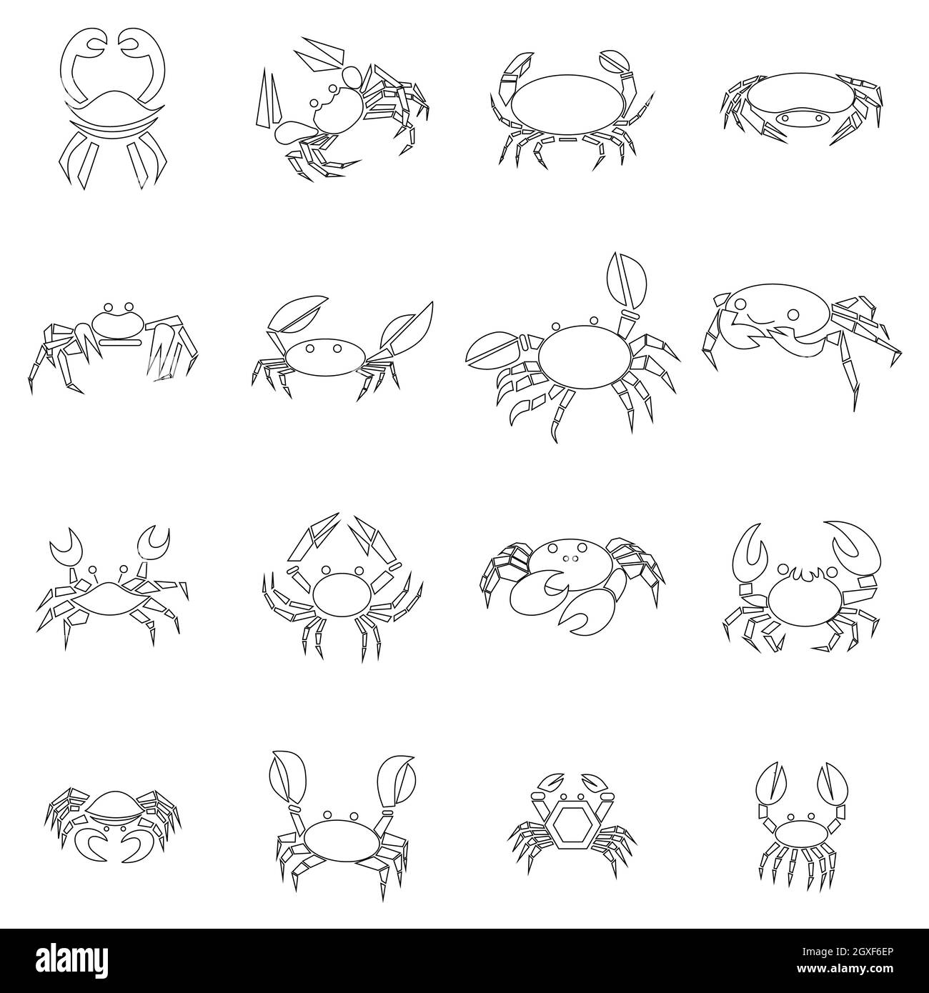 Icone granchio disposte in stile contorno isolato su sfondo bianco Foto Stock