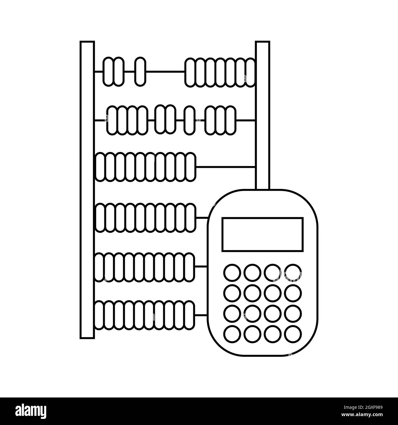 Icona Abacus e calcolatrice in stile contorno su sfondo bianco Foto Stock