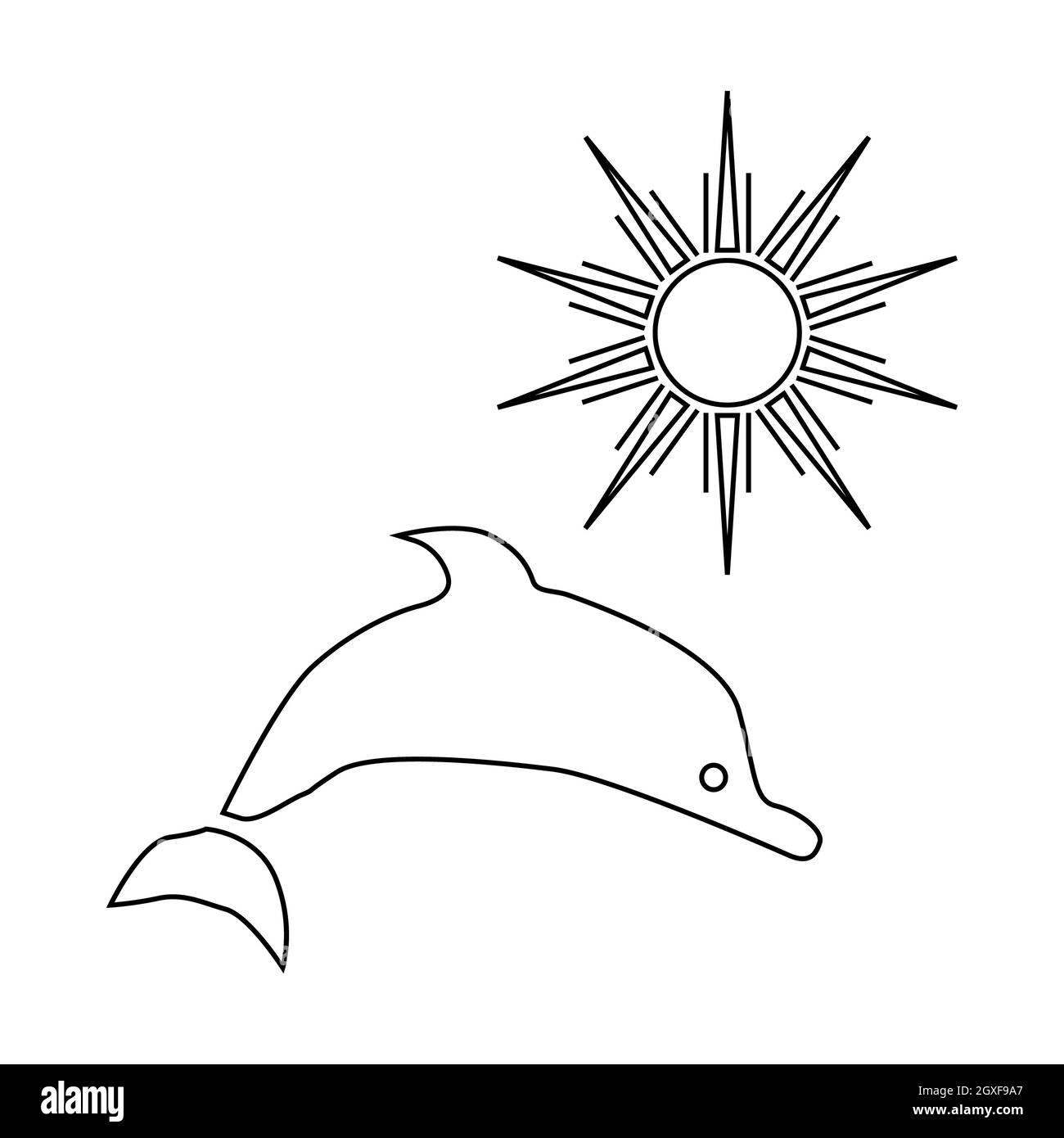 Sole e mare con l'icona dei delfini in stile contorno su sfondo bianco Foto Stock