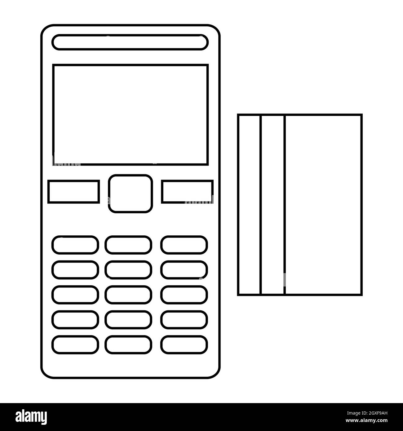 Icona del terminale e della carta di credito in stile contorno isolato su sfondo bianco. Simbolo finanziario Foto Stock