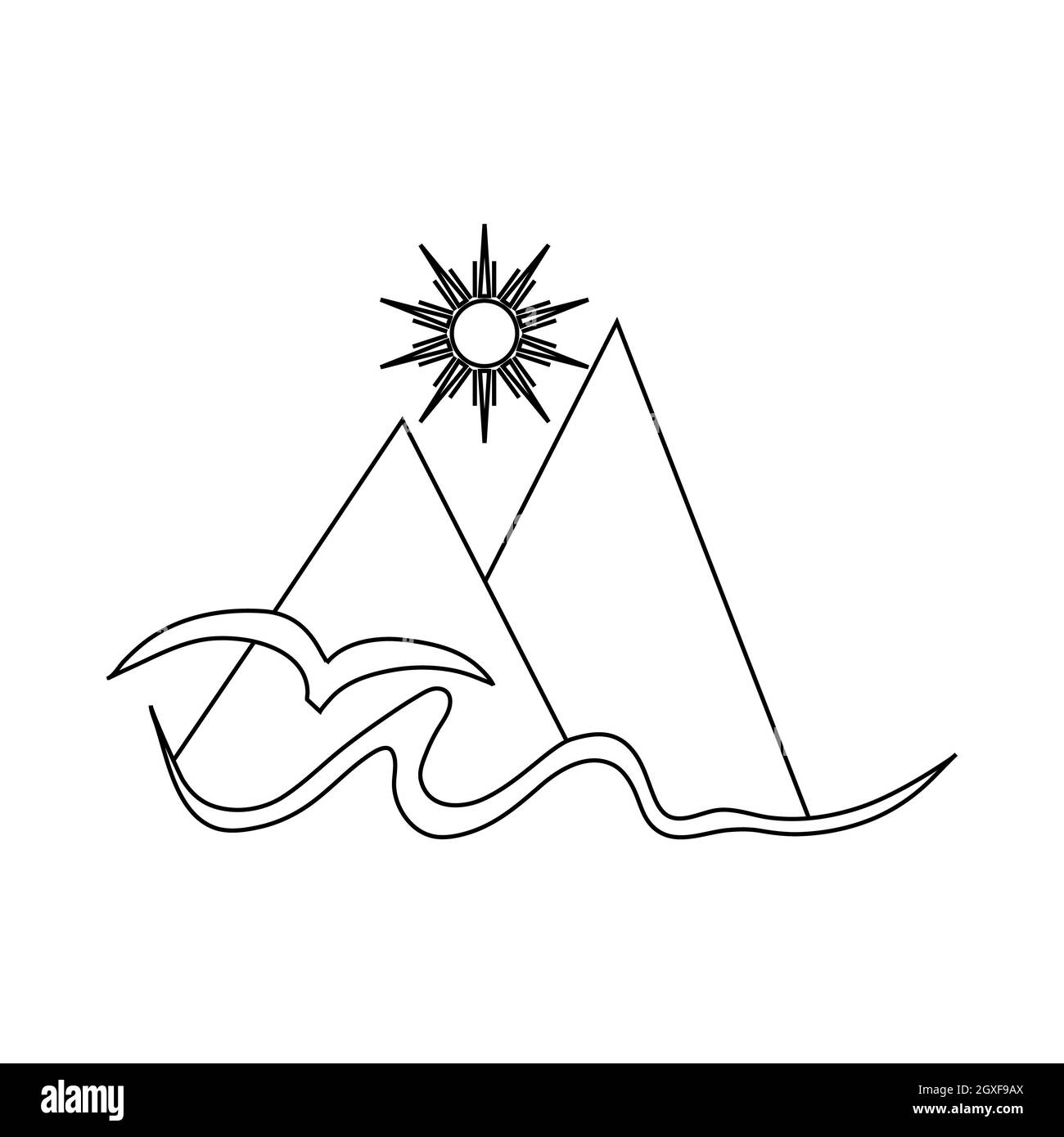 Icona di montagna, sole e mare in stile contorno su sfondo bianco Foto Stock