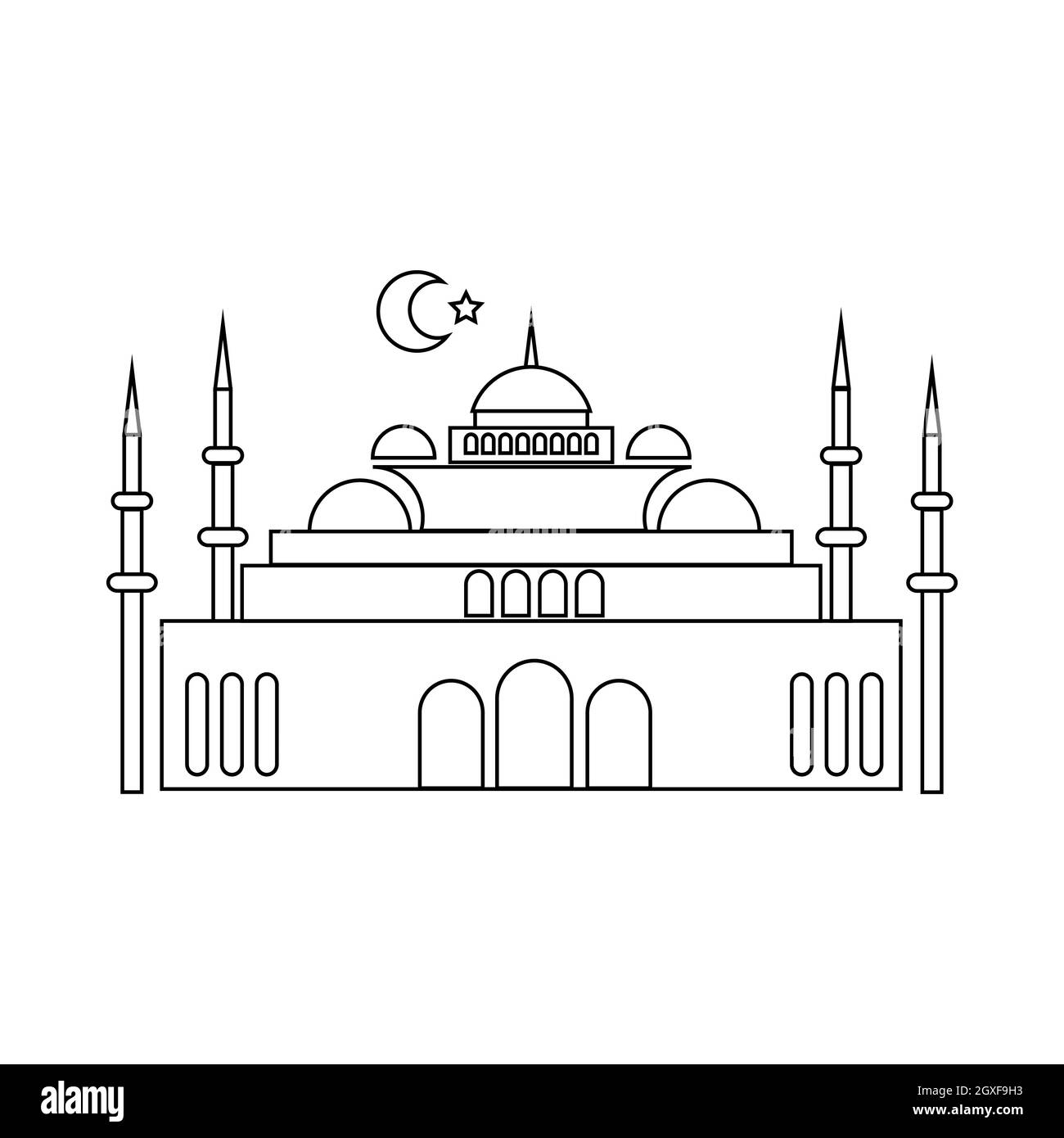 Icona della moschea in stile contorno su sfondo bianco Foto Stock