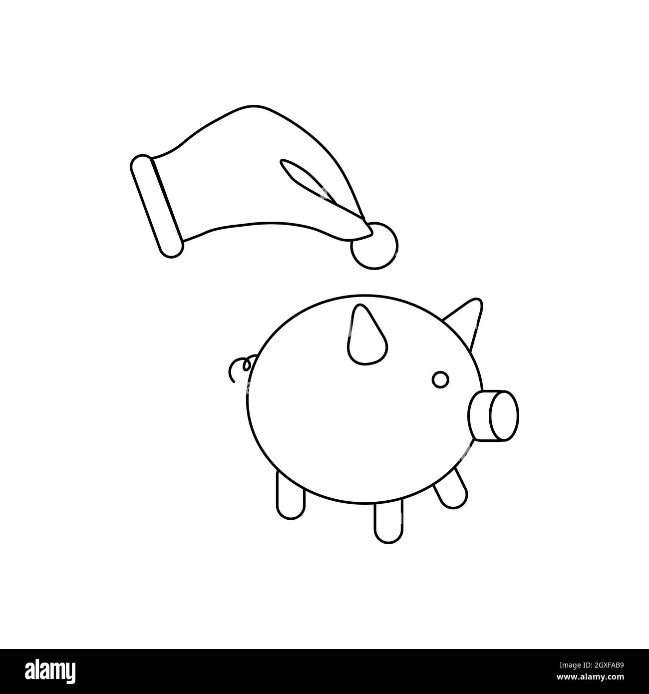 Mano mettendo una moneta in icona a forma di banca maialino su sfondo bianco Foto Stock