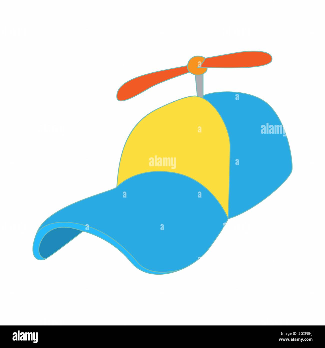 Icona del cappello di elica giallo e blu in stile cartone animato su sfondo bianco Foto Stock