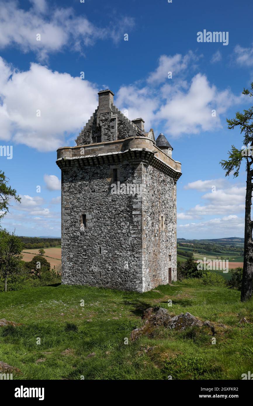 Il Castello di Fatlips è una torre di buccia nel Roxburghshire, ai confini scozzesi. Situato in cima a Minto Crags, sopra il fiume Teviot, è stato costruito in Foto Stock