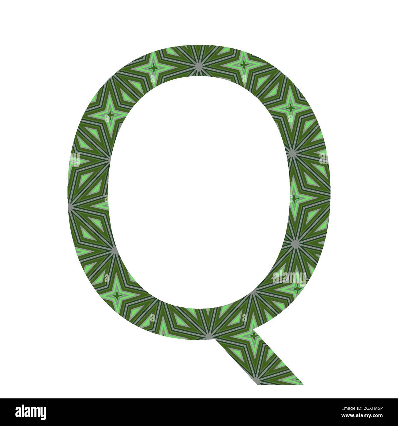 Lettera Q dell'alfabeto realizzato con un motivo di stelle verdi, isolato su sfondo bianco Foto Stock