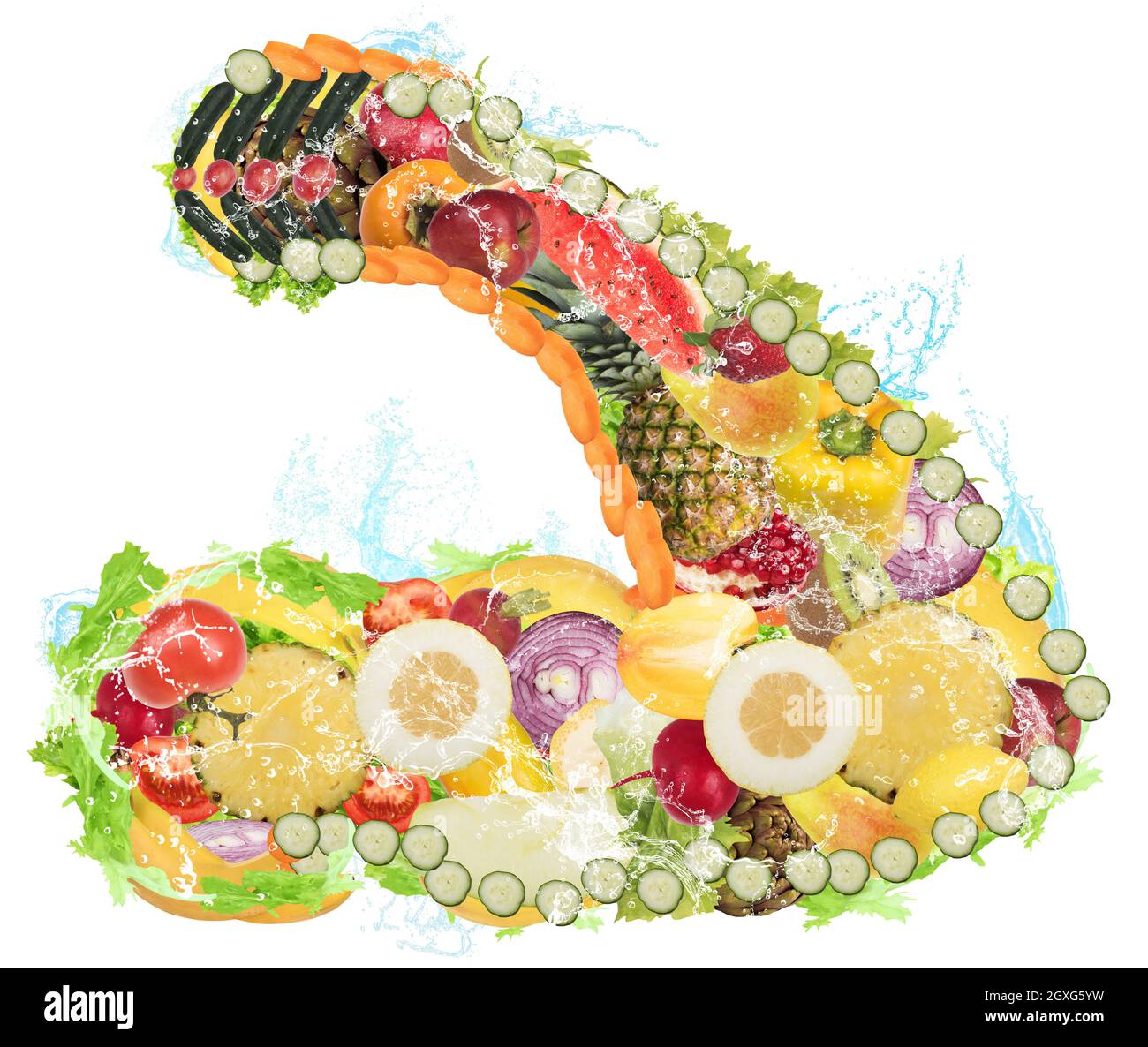 Muscoli del braccio formati da frutta e verdura con spruzzi d'acqua Foto Stock Muscoli del braccio formati da frutta e verdura con spruzzi d'acqua Foto Stock