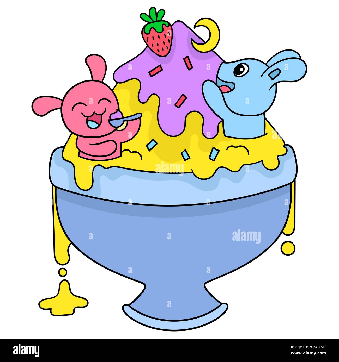 gelato in una grande ciotola piena di conigli che giocano Illustrazione Vettoriale