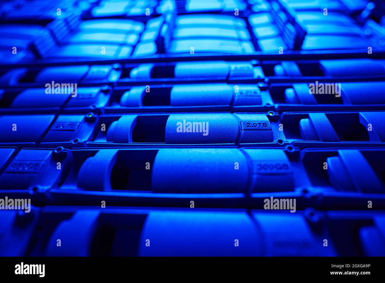Immagine dei dischi HDD sui rack server del data center Foto Stock