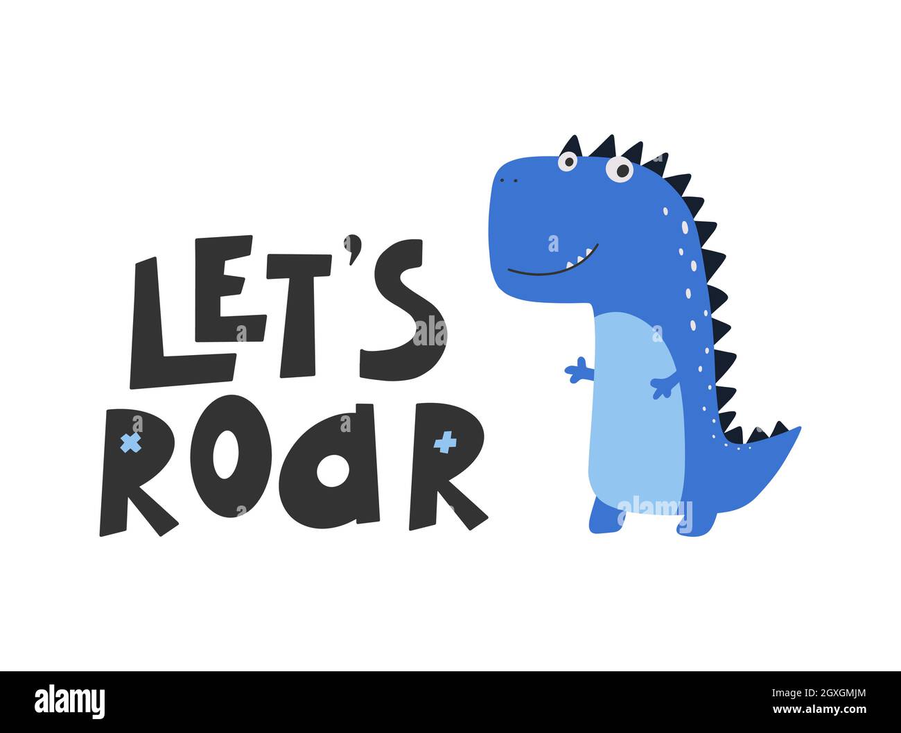 Carino dinosauro con slogan grafico - ruggito, divertente dino cartoni animati. Illustrazione Vettoriale