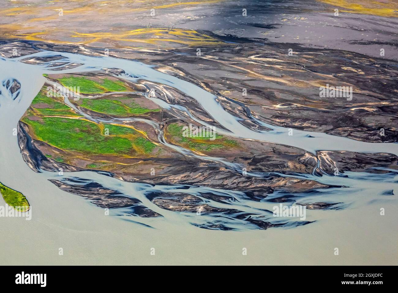 Vista aerea sul ghiacciaio Þjórsá / Thjorsa in estate, il fiume più lungo d'Islanda Foto Stock