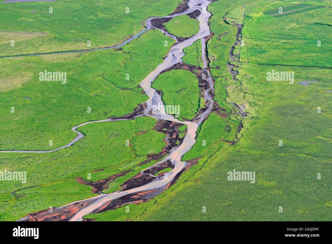 Vista aerea sul ghiacciaio Þjórsá / Thjorsa in estate, il fiume più lungo d'Islanda Foto Stock