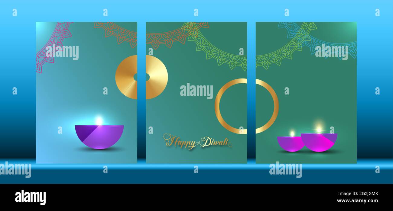 Happy Diwali Festival of Lights India Celebration set modello colorato. Design verticale delle lampade ad olio Indian Diya, design moderno colori vivaci Illustrazione Vettoriale