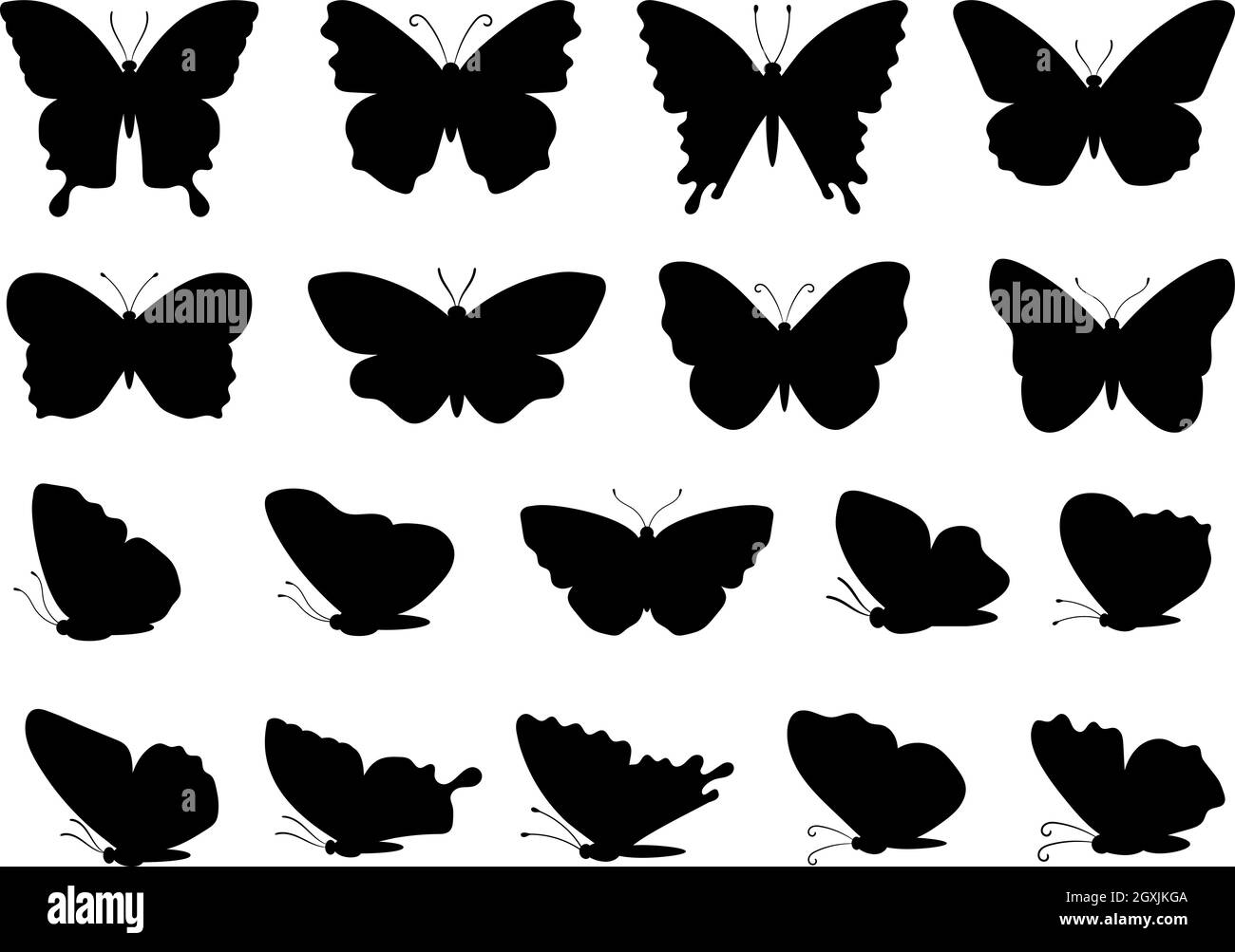 Grande collezione di silhouette nere di belle farfalle Illustrazione Vettoriale