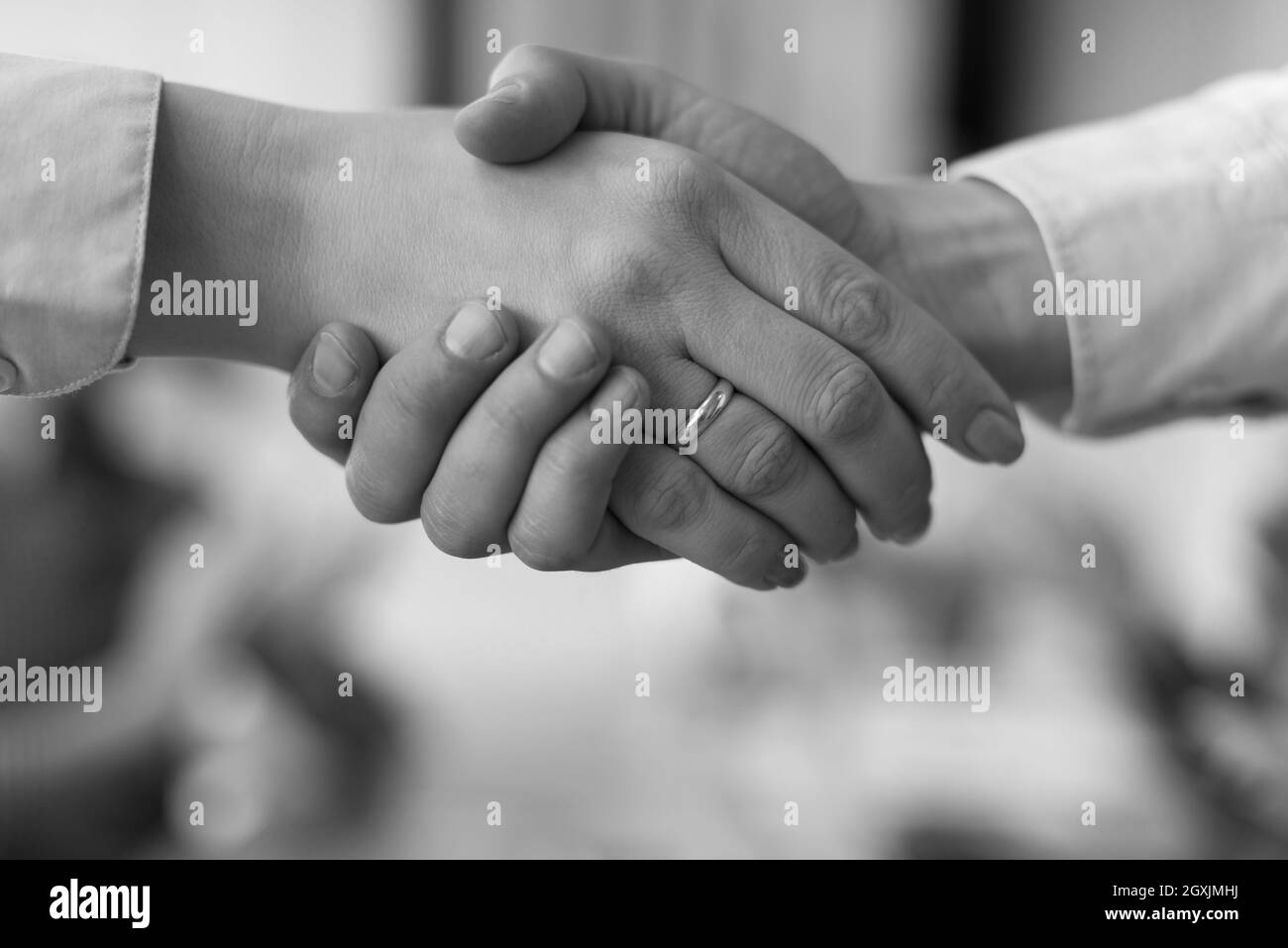 Handshake businesswomans sul team di incontro con un gruppo di persone blured in background all'avvio moderno ufficio business interno Foto Stock