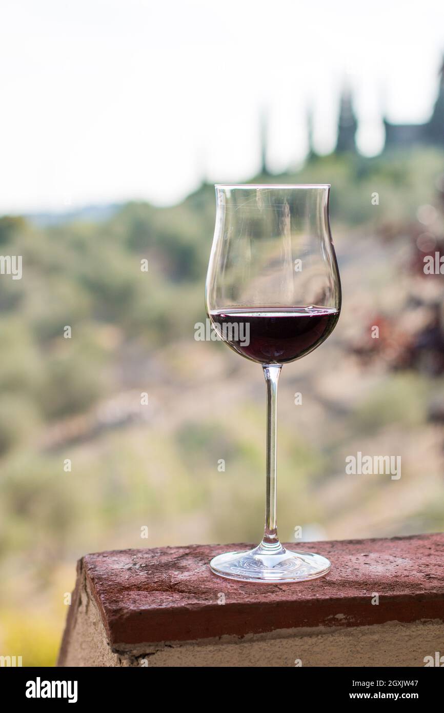 Sorseggiate un bicchiere di vino rosso di Toscana, Italia. Sfocata vigneti in background. Foto Stock
