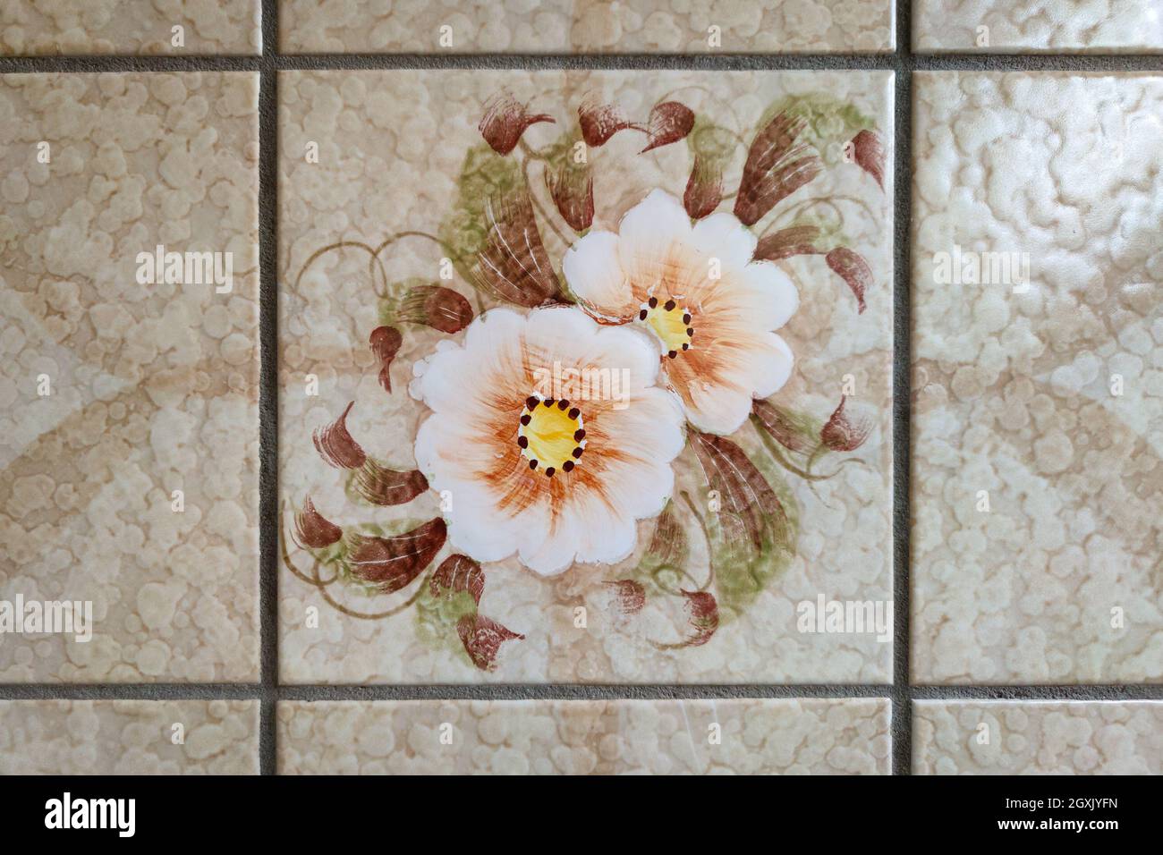 Piastrelle floreali in colori pastello per il bagno. Queste piastrelle erano popolari alla fine degli anni '70. Foto Stock