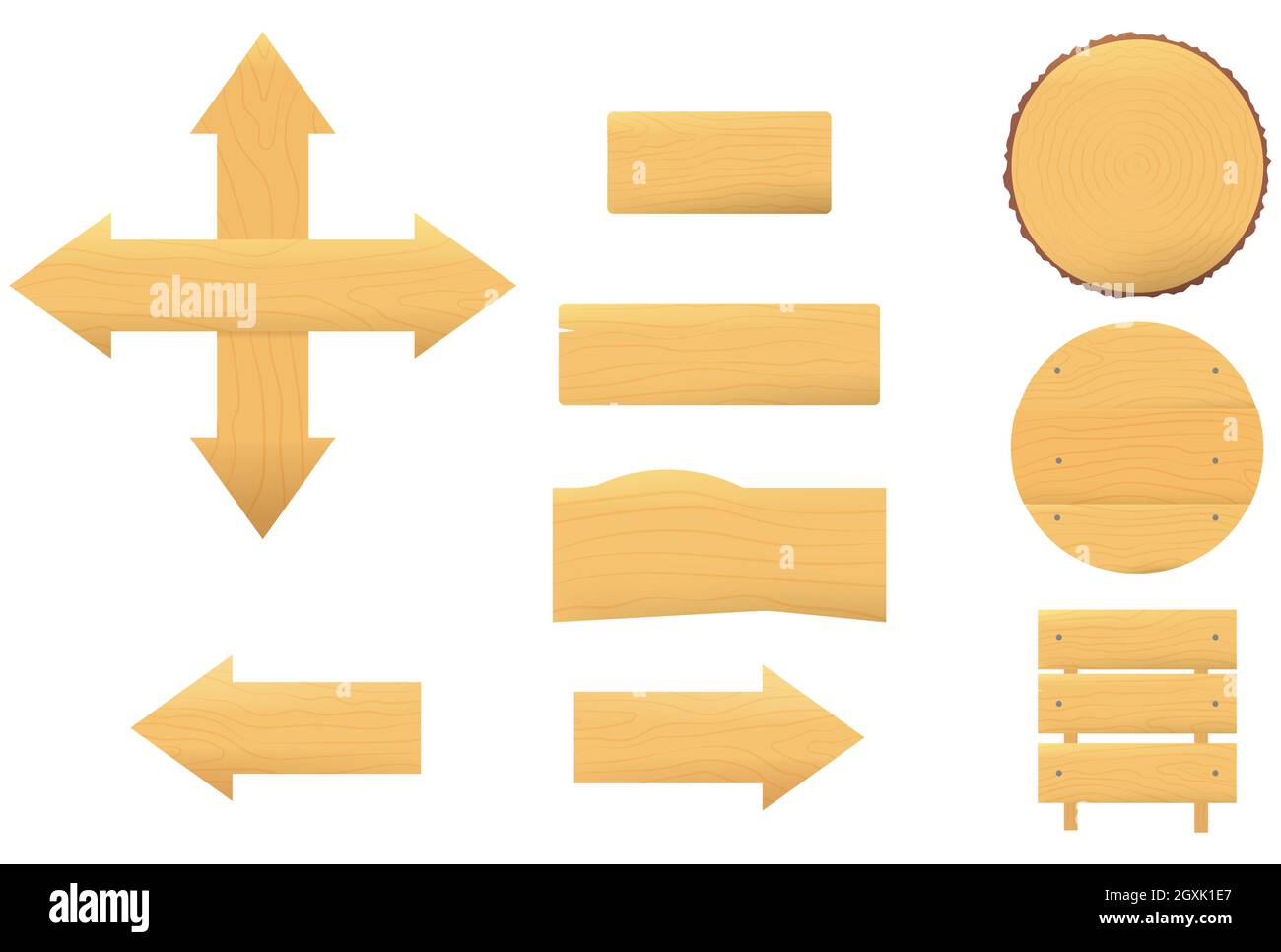 Set di cartoni in legno. Plank vettore sfondo forme diverse, vettore elementi gui isolati su bianco. Cerchio, rettangolo, freccia. Illustrazione Vettoriale