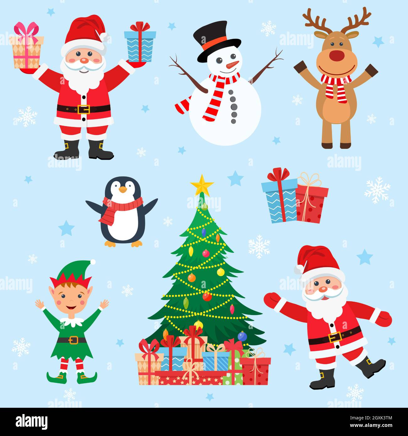 Set di Natale Red Santa Rudolf Snowman Tree Illustrazione Vettoriale