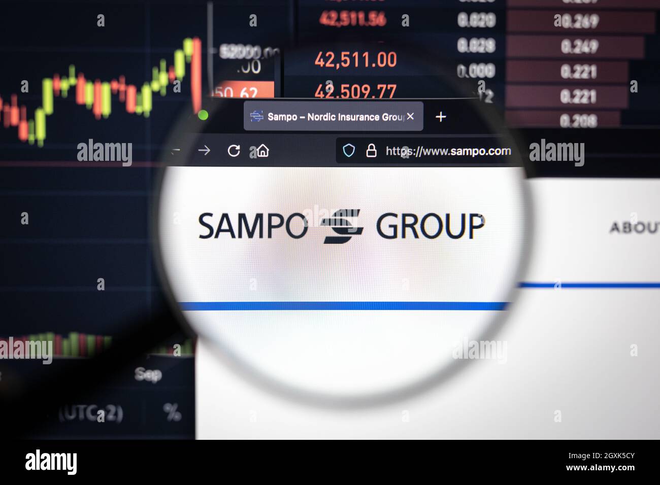 Logo aziendale del Gruppo Sampo su un sito web con sviluppi del mercato azionario sfocati in background, visto su uno schermo del computer attraverso una lente d'ingrandimento Foto Stock