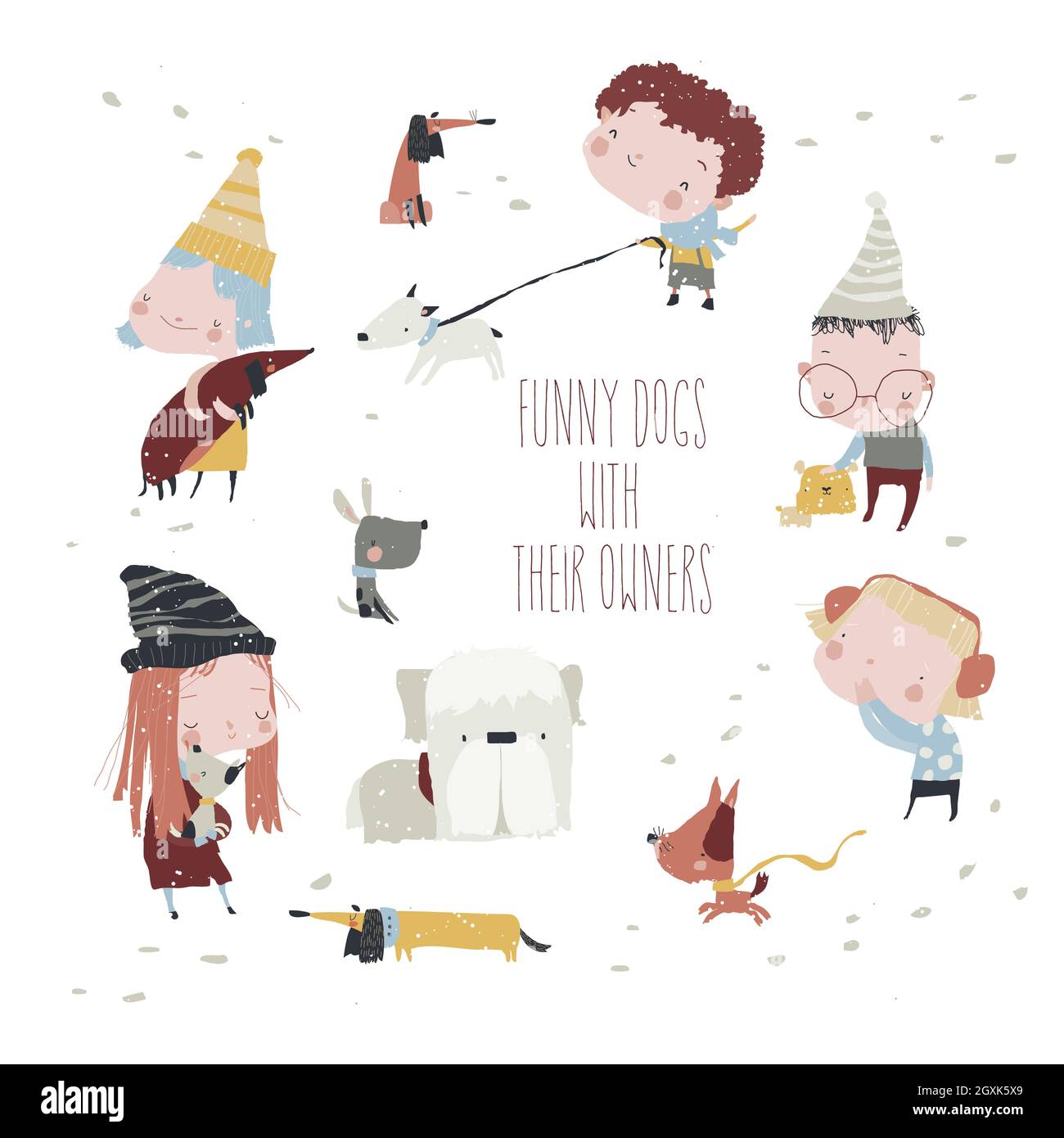 Proprietari carini che camminano con i loro cani Funny in Winter Park Illustrazione Vettoriale