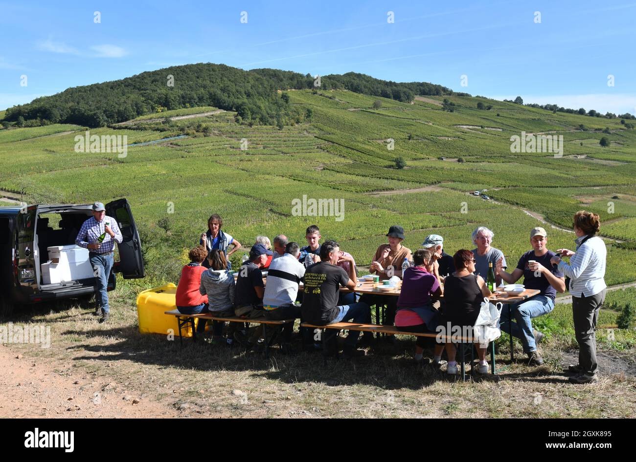 Vendemmiatori francesi che prendono una pausa pranzo vicino Kaysersberg nella regione Alsazia della Francia ottobre 2021. Vendemmiatrice francia vendemmiatrice a mano Foto Stock
