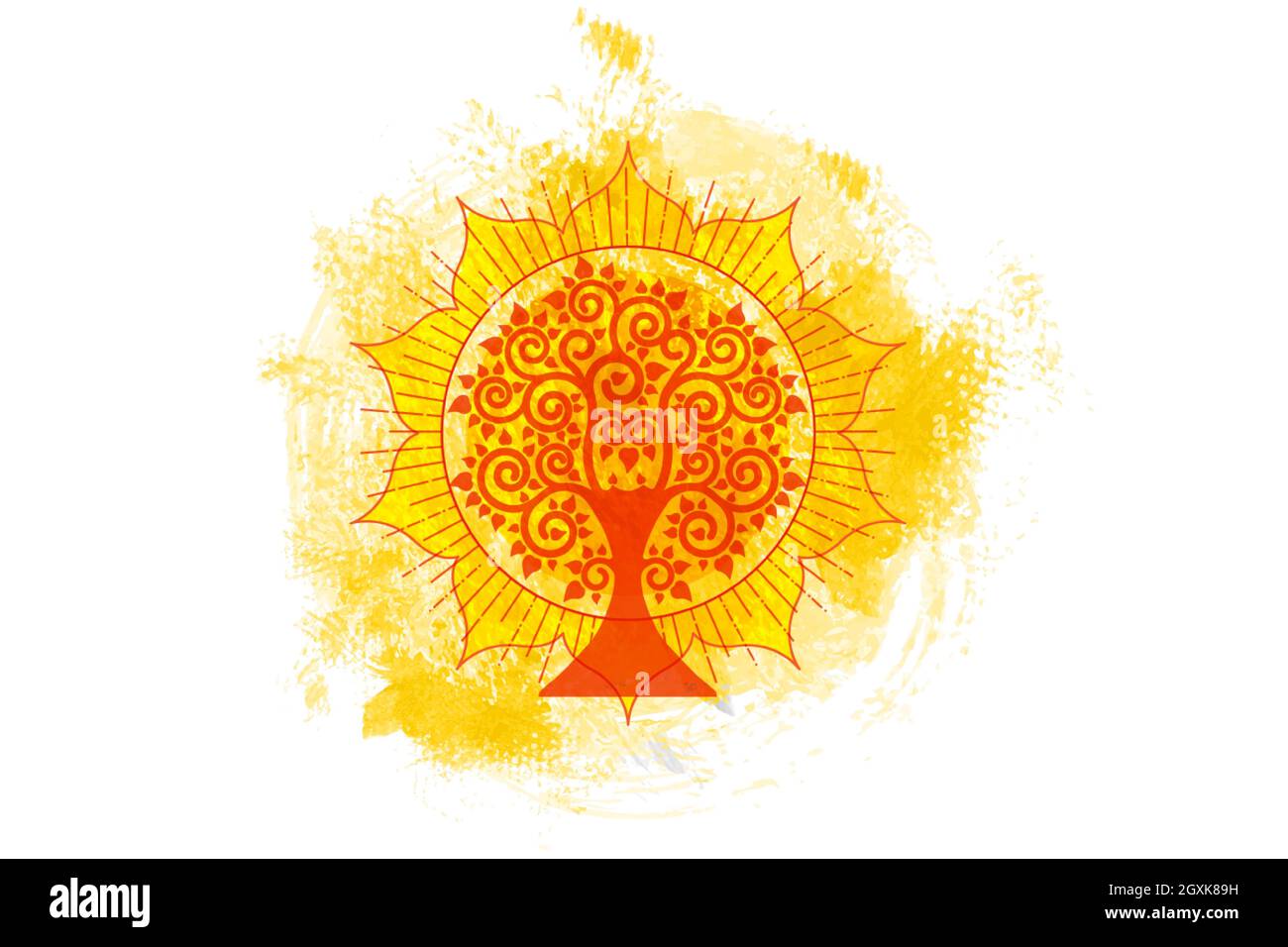 Il modello del logo dell'albero Bodhi, il concetto di albero della vita, l'albero sacro, Ficus religiosa, lo stile acquerello. Vesak icona silhouette giorno, simbolo buddista Illustrazione Vettoriale