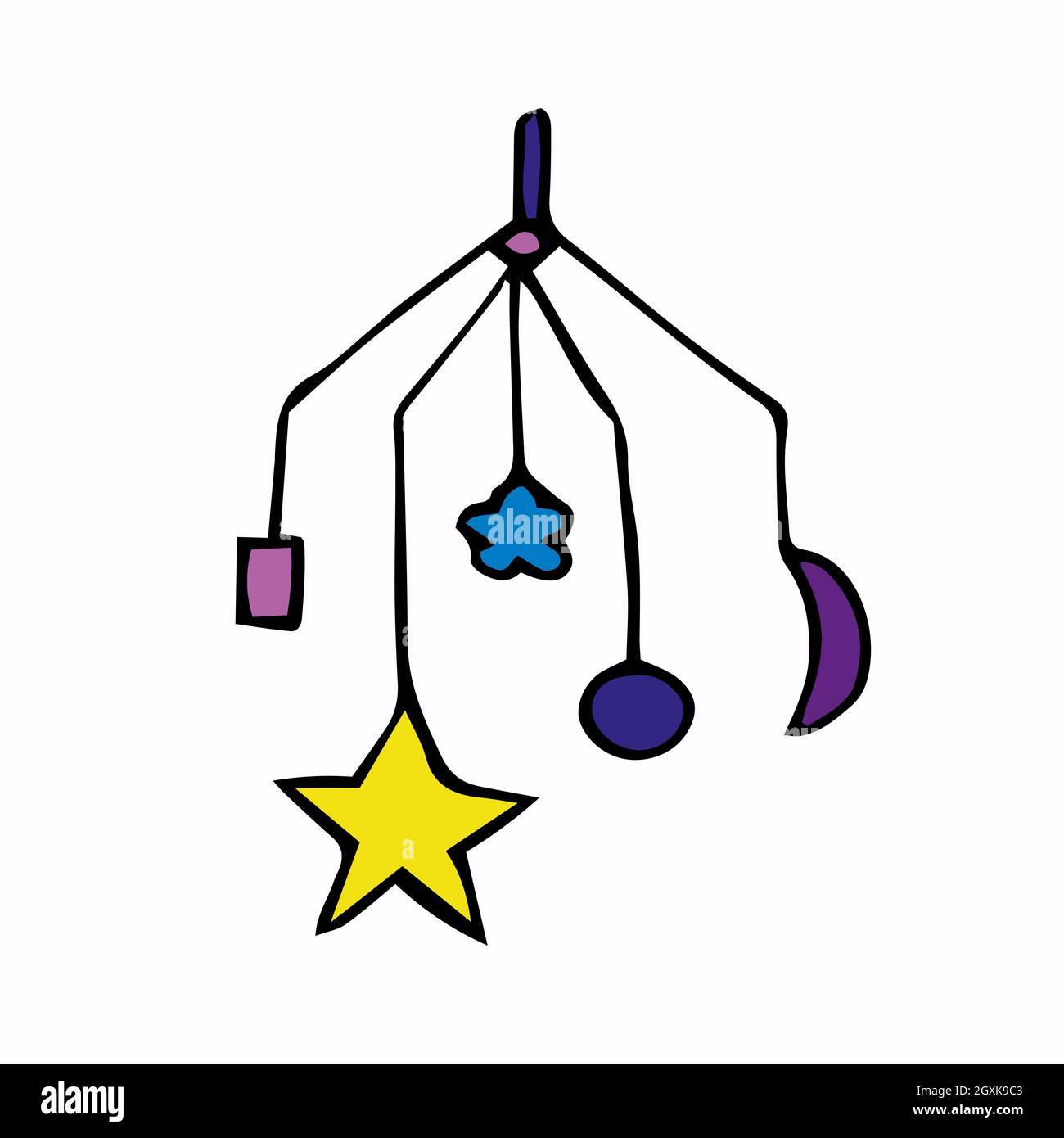 Illustrazione vettoriale di un giocattolo musicale meccanico sopra un lettino del bambino. Illustrazione Vettoriale