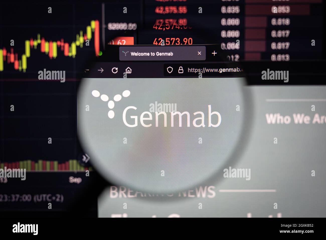Logo aziendale Genmab su un sito web con sviluppi del mercato azionario sfocati in background, visto su uno schermo del computer attraverso una lente d'ingrandimento Foto Stock
