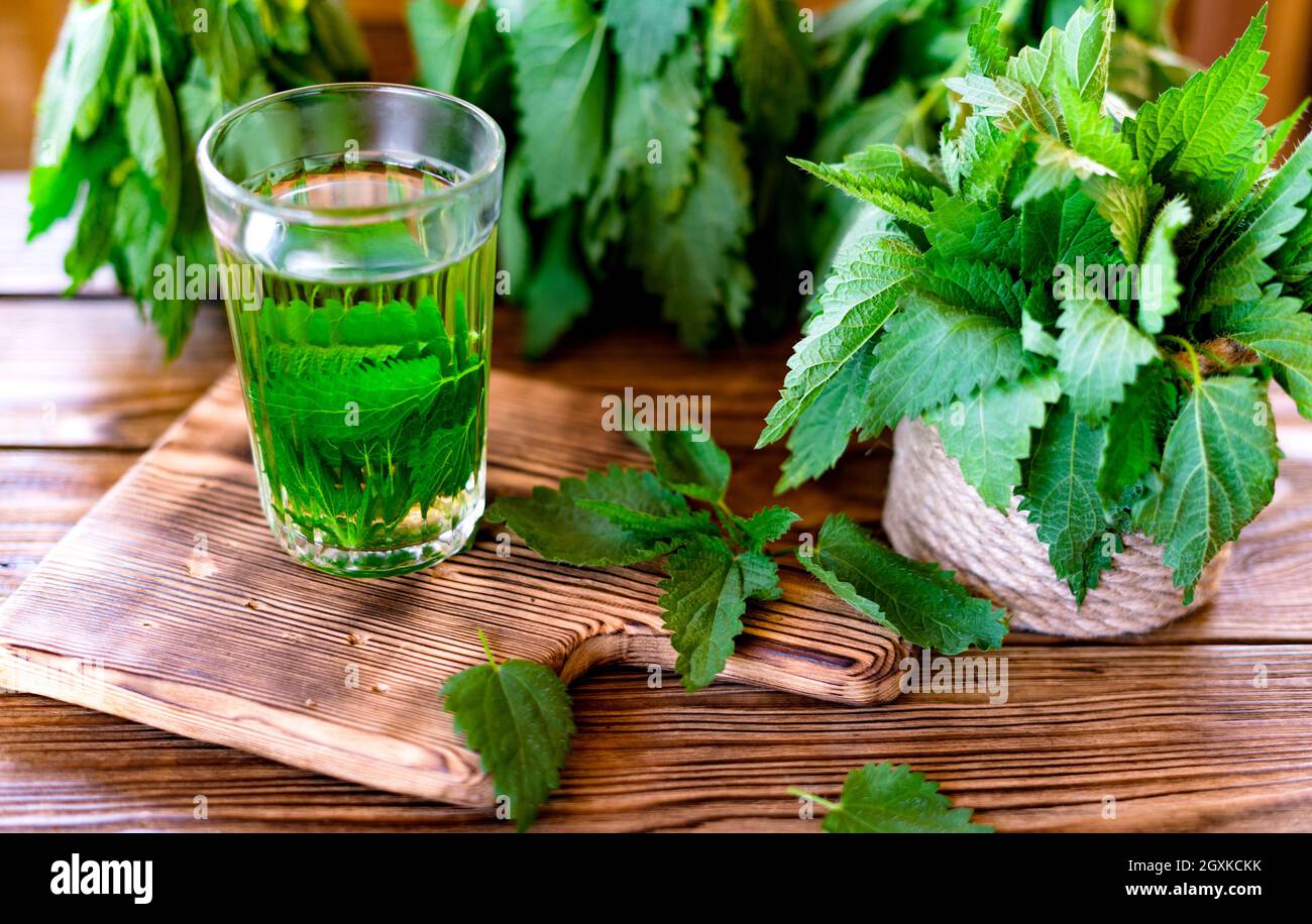 Tisane curative con ortica. Tè in un bicchiere su un tavolo di legno. Rimedio popolare. La fonte di vitamine e antiossidanti. Urtica dioica. Foto Stock