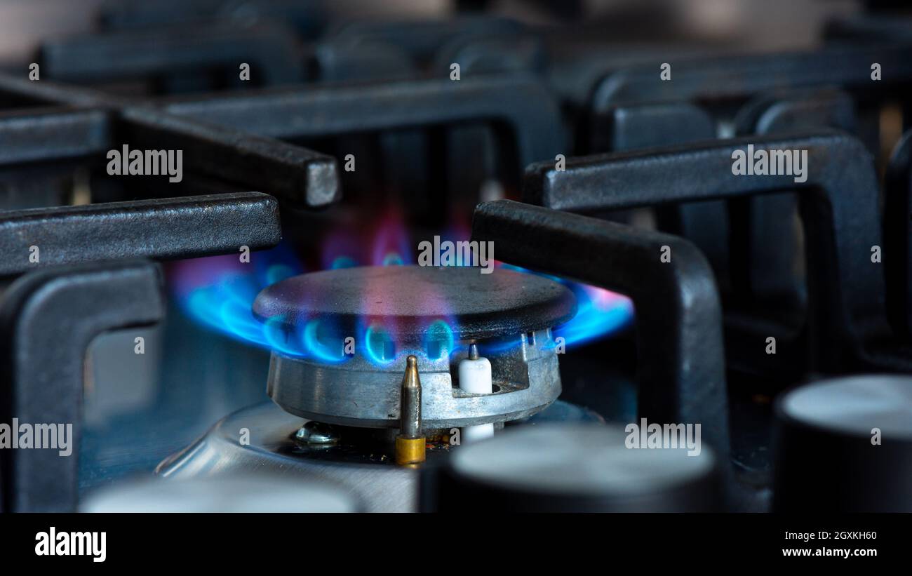 Gas che brucia con fiamme blu sul bruciatore di una stufa a gas. Concetto di impronta di carbonio e prezzo del gas naturale sul mercato Foto Stock