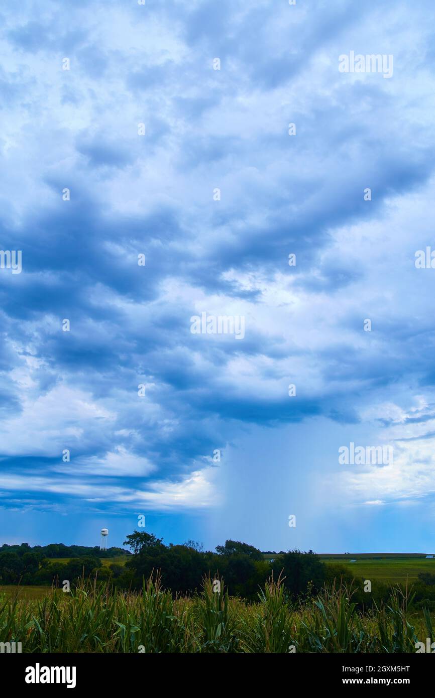 Campi di granoturco e torre d'acqua in nuvole oscure e oscure Foto Stock