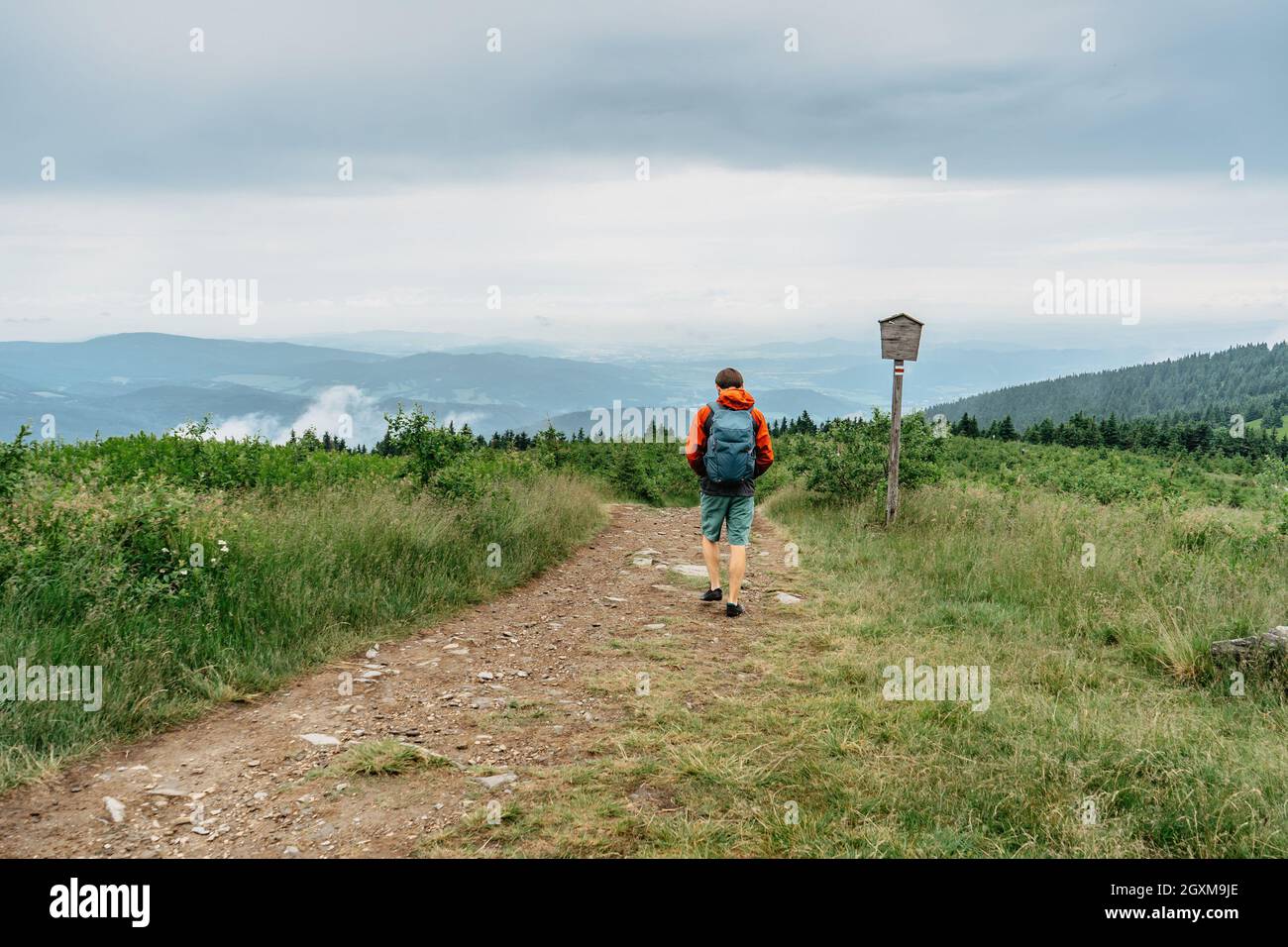 Sport uomo attivo trekking sulla vetta delle montagne Jeseniky, Repubblica Ceca.Backpacker godere di vista di foggy Mountain.Wanderlust libertà di viaggio concetto. Foto Stock