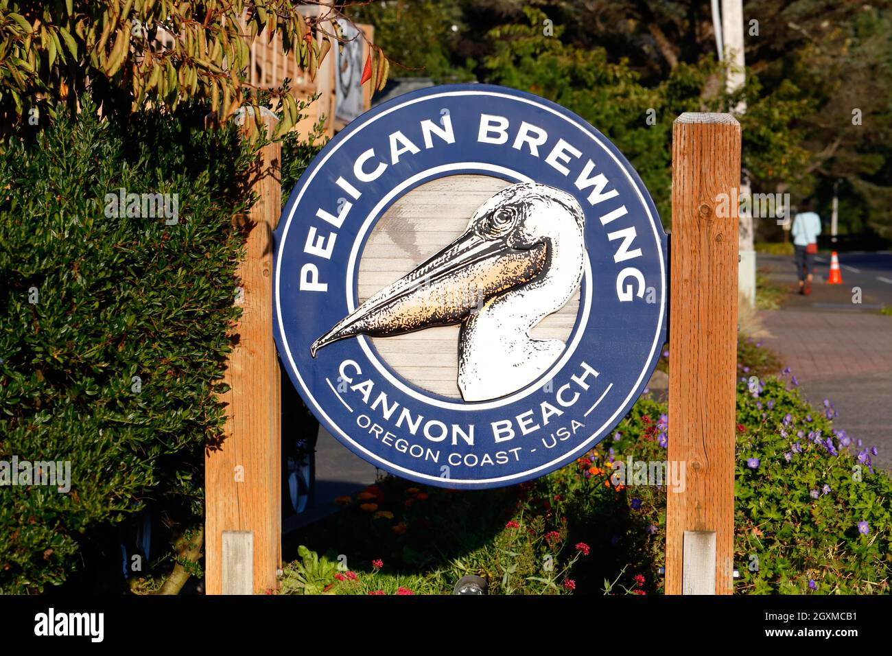 Pelican Brewing Company, 1371 S Hemlock St, Cannon Beach, Oregon. Logo di una fabbrica di birra e di una catena di birrifici sulla costa dell'Oregon. Foto Stock