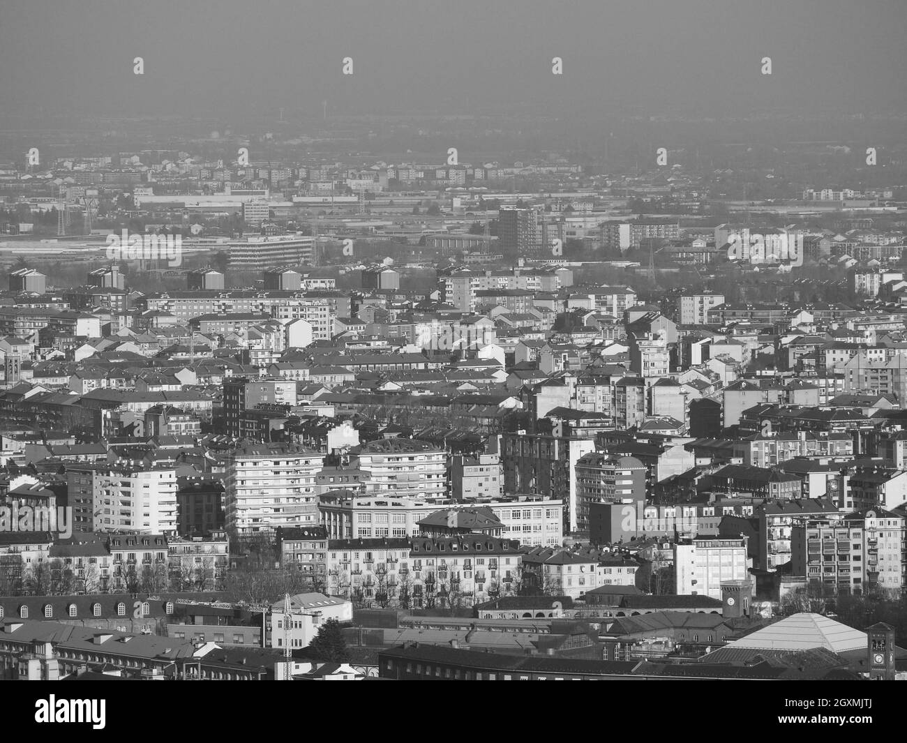 Veduta aerea della città di Torino in bianco e nero Foto Stock