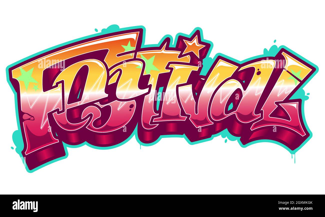 Festival parola leggibile in stile graffiti in vivaci colori personalizzabili. Illustrazione Vettoriale