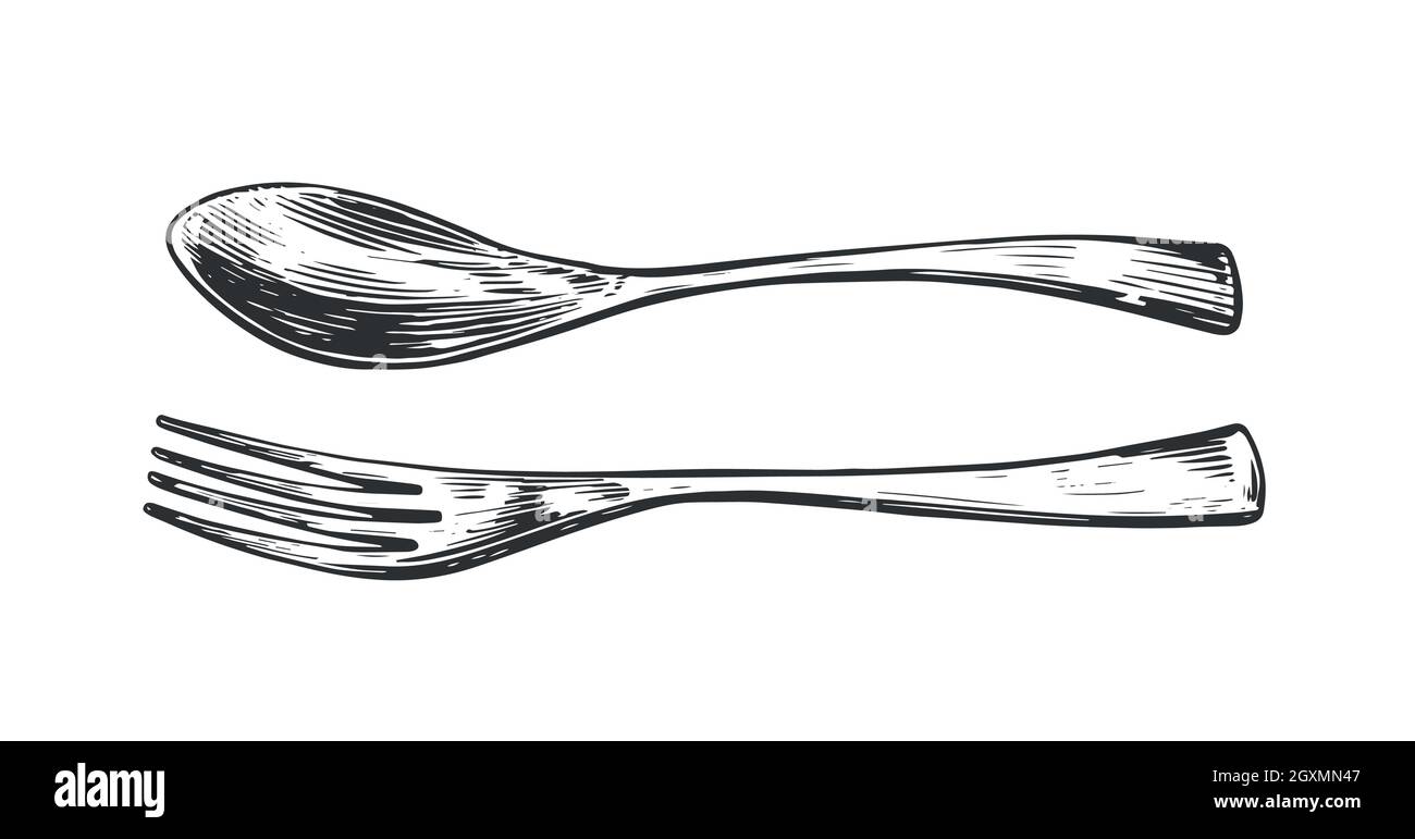 Tavola a cucchiaio con forchetta per l'impostazione degli alimenti. Elemento di design per il menu del ristorante o del caffè. Disegno a mano disegno vintage illustrazione vettoriale Illustrazione Vettoriale