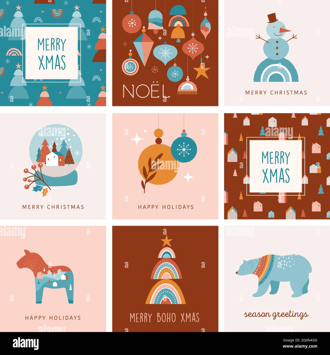 Allegro Boho di Natale, collezione boema. Disegno e illustrazione vettoriale alla moda di Natale. Arcobaleni, decorazioni ed elementi invernali nordici Illustrazione Vettoriale