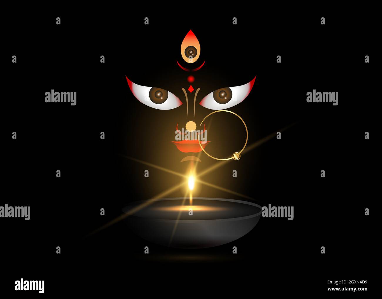 Felice Navratri, Dea Durga faccia in felice Durga Puja Subh Navratri intestazione religiosa indiana sfondo banner. Luce olio diya. Logo vettoriale Illustrazione Vettoriale