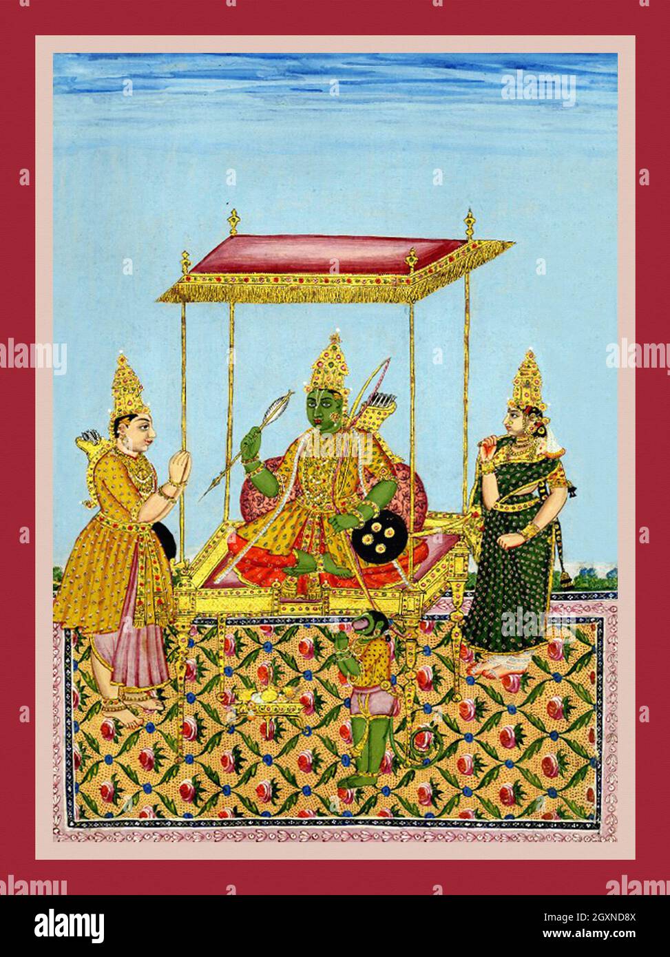 Rama è seduto su un trono con Sīta e Lakṣmaṇa Foto Stock