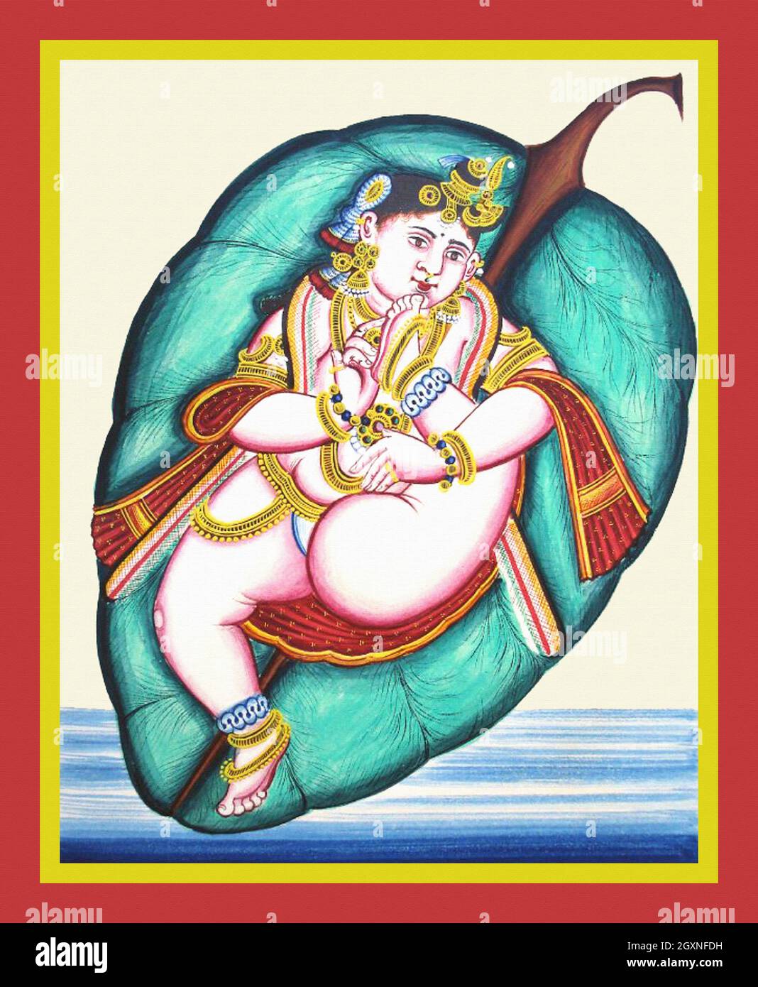 Il bambino Krishna si trova su una foglia di banyan Foto Stock