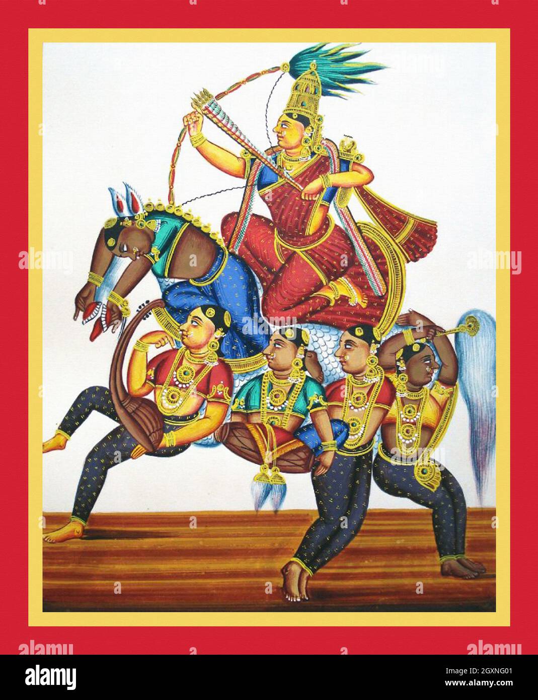 Rati si inginocchia, puntando una freccia sul dorso di un cavallo Foto Stock