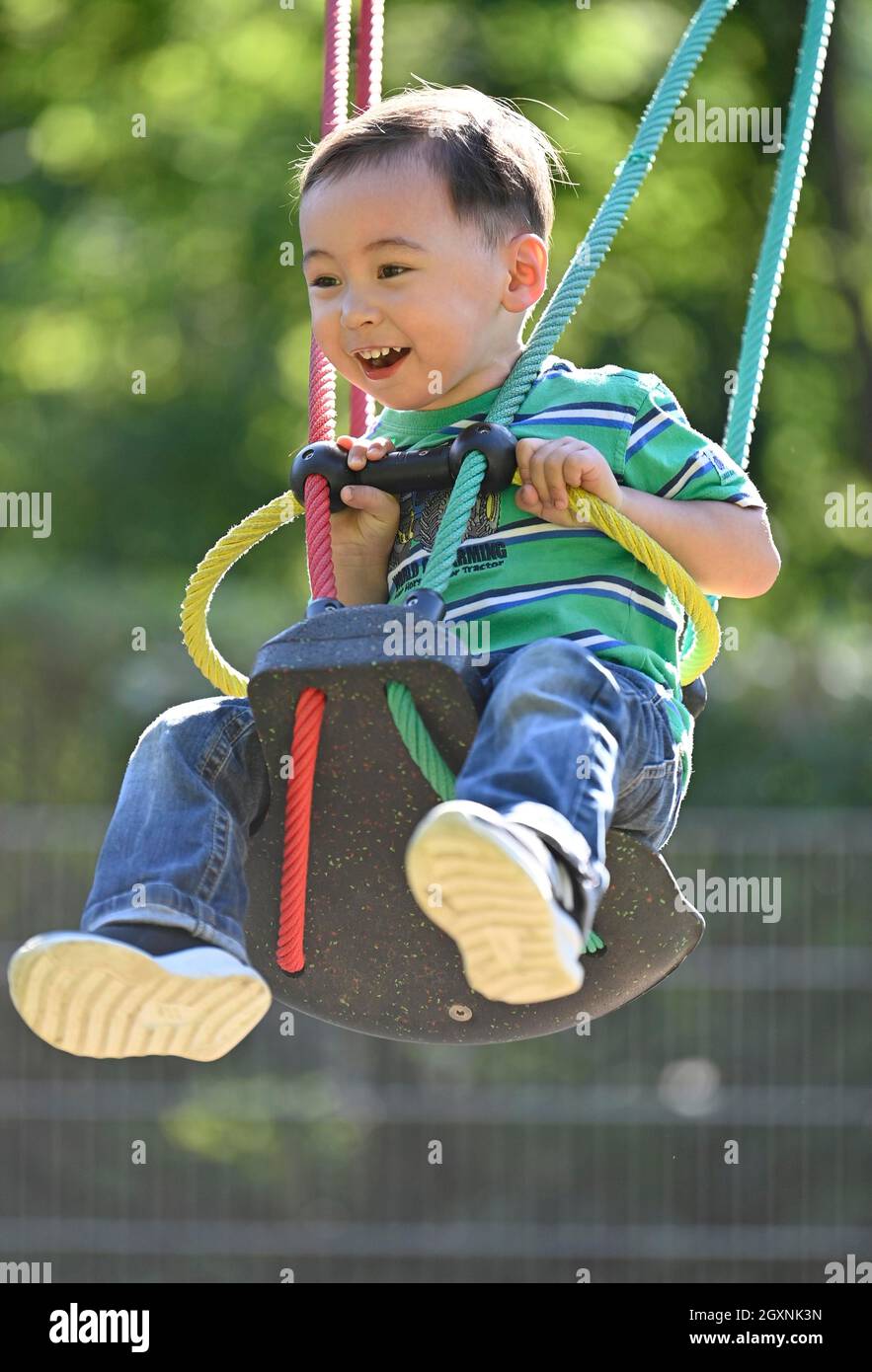 Toddler, 2 anni, multietnico, eurasiatico, risate, Altalena per bambini, Baden-Wuerttemberg, Germania Foto Stock